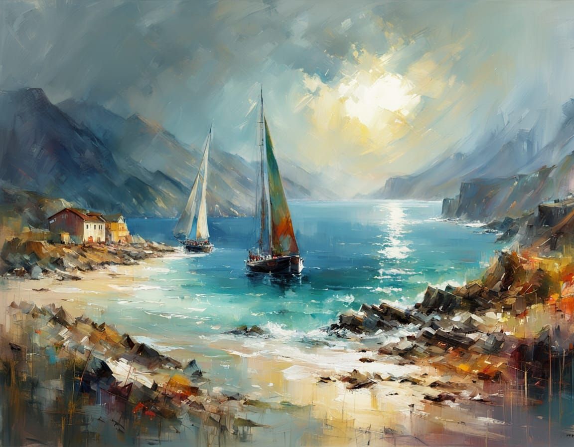 Vibrant Landscape Oil Painting with Sailship and Village