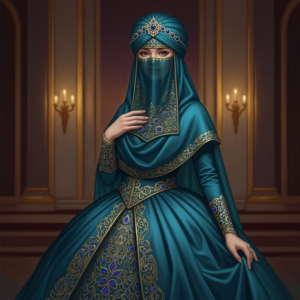 Regal Woman in Teal Niqab and Ornate Ball Gown