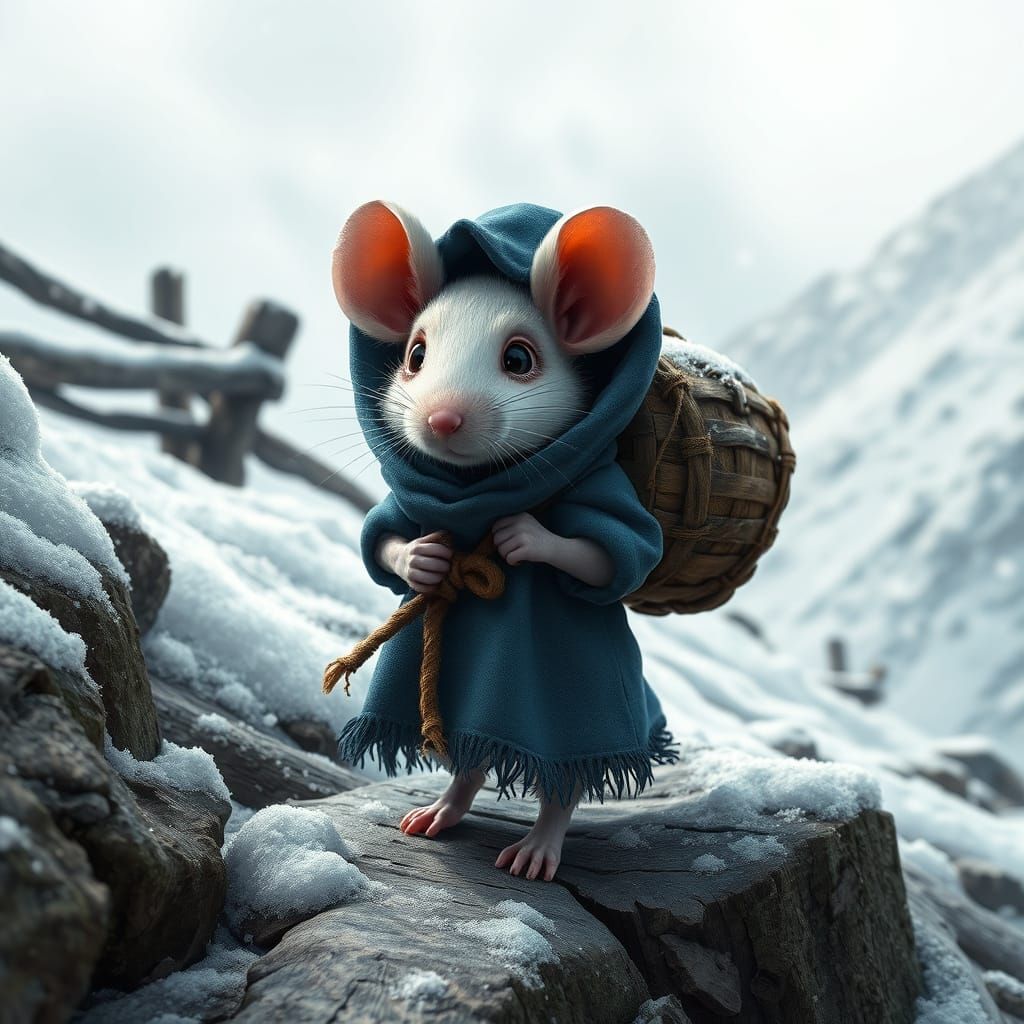Mouse in Medieval Cloak Embarks on Snowy Mountain Quest