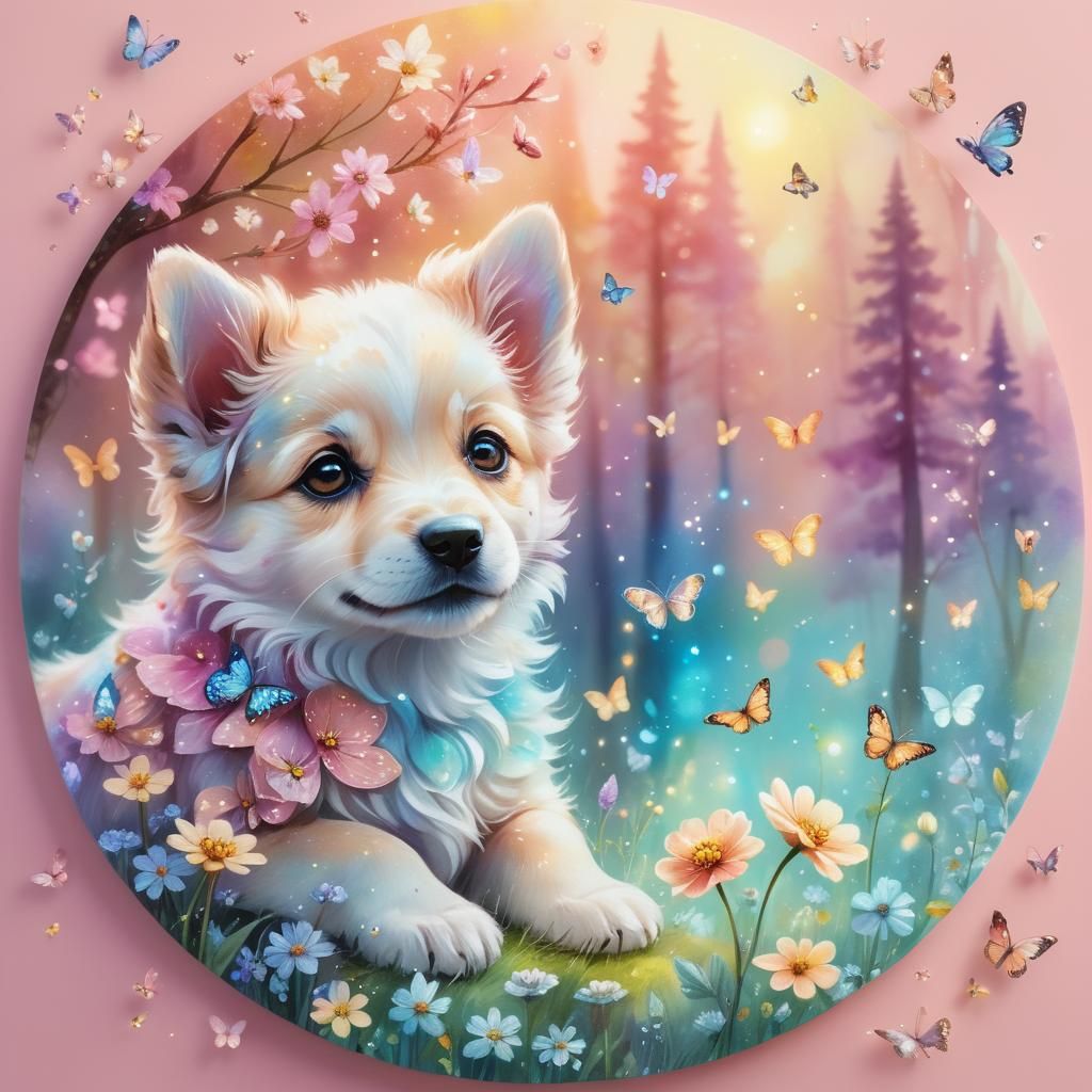 Puppy in Enchanted Forest, Whimsical Fantasy Art