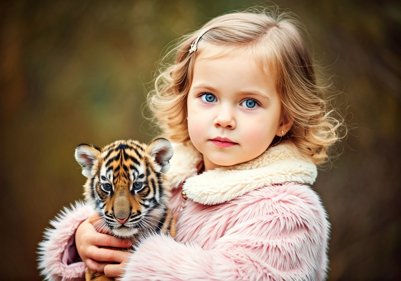Toddler Girl Tenderly Holds Tiger Cub