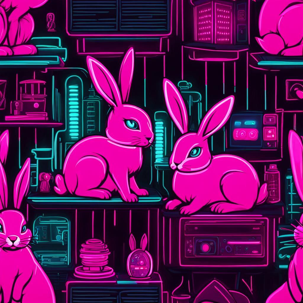 Cyber Bunny Bot in Neon Hutch Environment