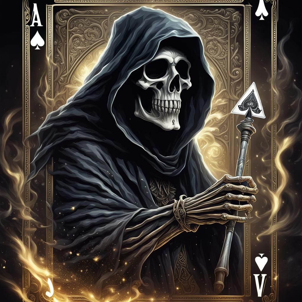 portrait grim reaper ace of spades stepping out of a playing card, pack of playing cards motion blur magic, Eldritch, sp...