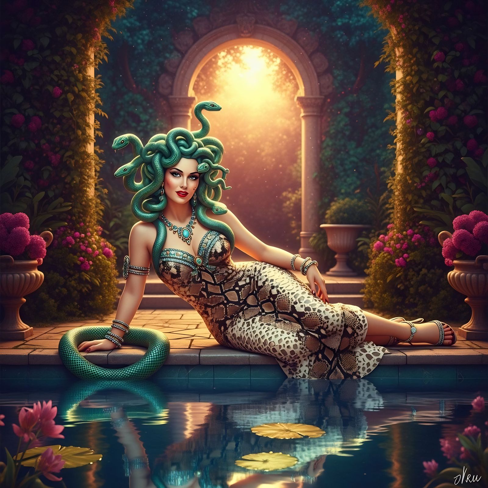 Medusa Lounging Poolside in Vintage Pin-Up Style