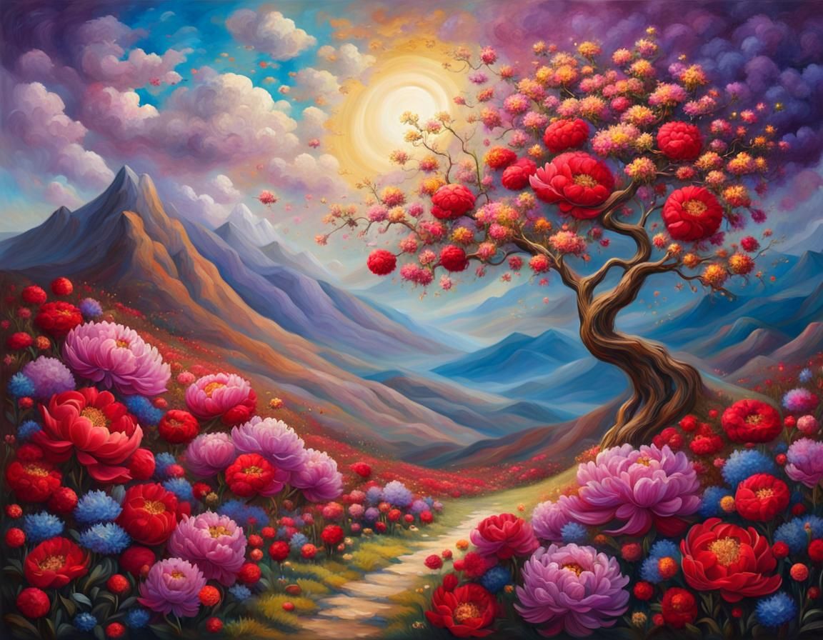 Blossom Tree in Surreal Landscape, Whimsical Oil Painting