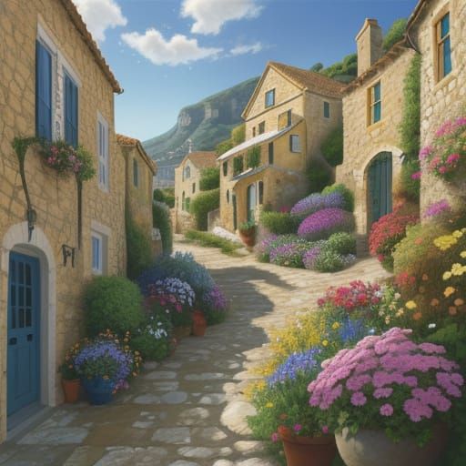 Charming Seaside Village Oil Painting