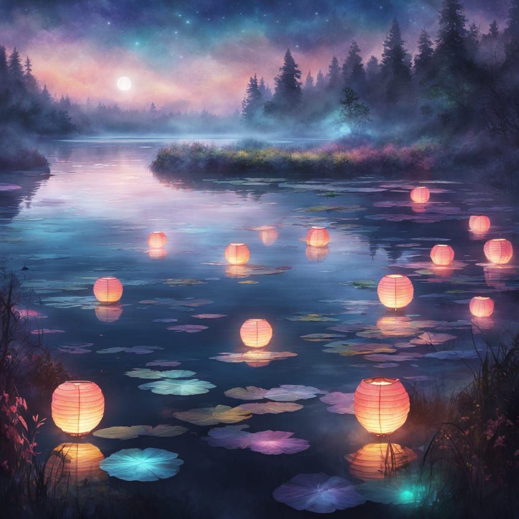 Floating Lanterns Over Misty Lake: Watercolor Art