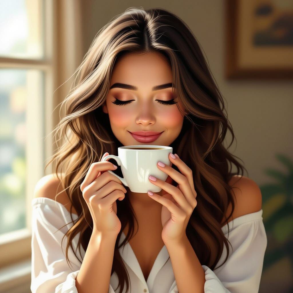 Woman Enjoys Coffee in Warm, Detailed Illustration