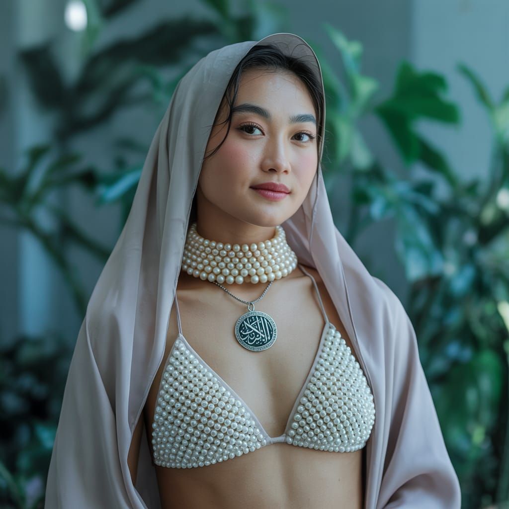 Asian Woman with Pearl Bikini and Hijab Portrait