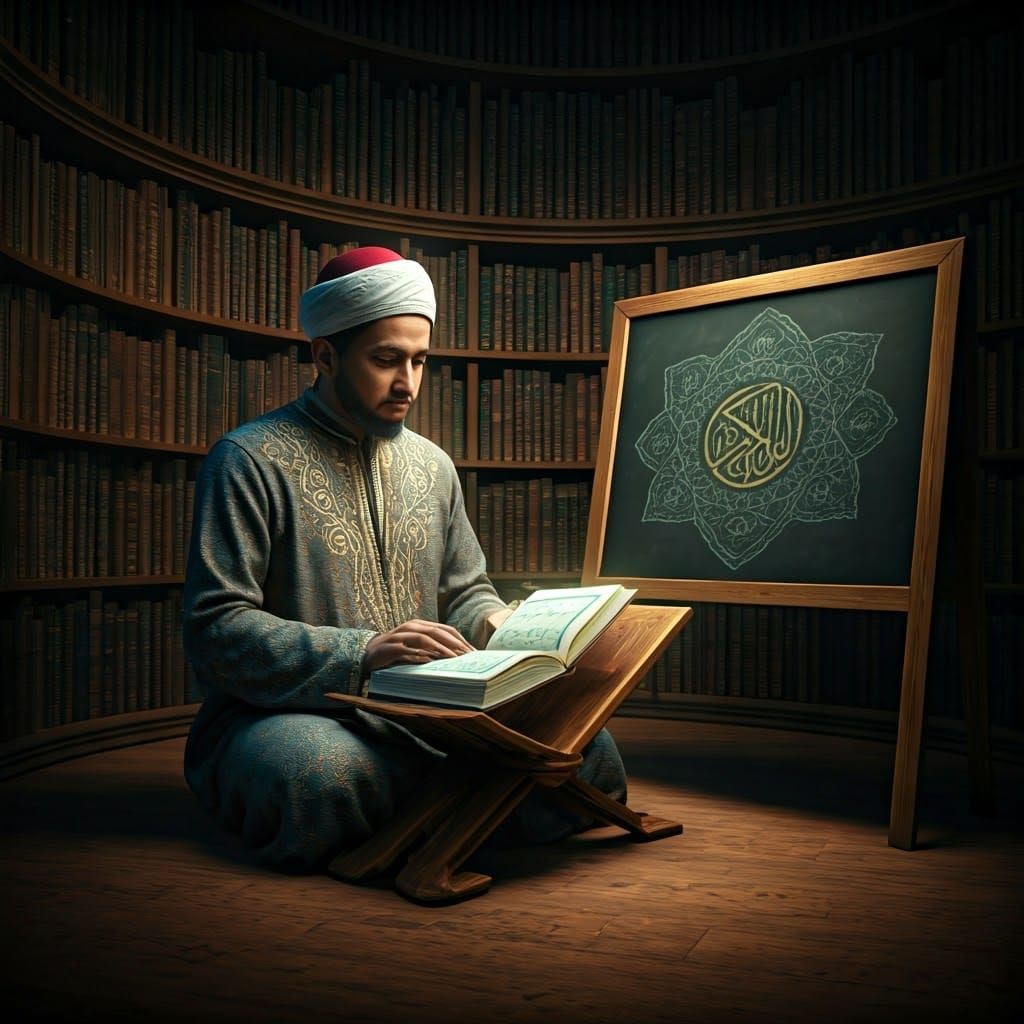 Devout Muslim Teacher in Library, Fantasy Concept Art
