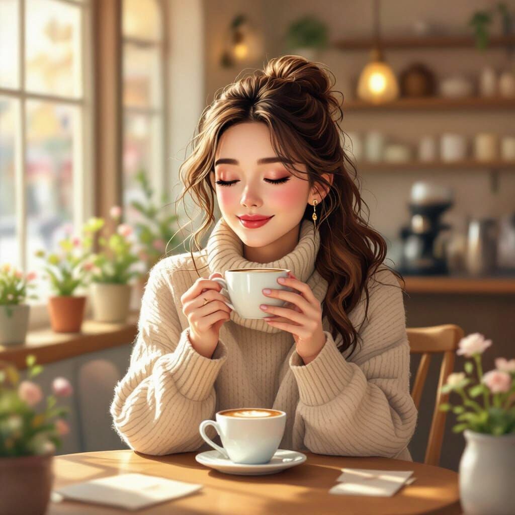 Serene Woman's Cozy Morning in Storybook Style