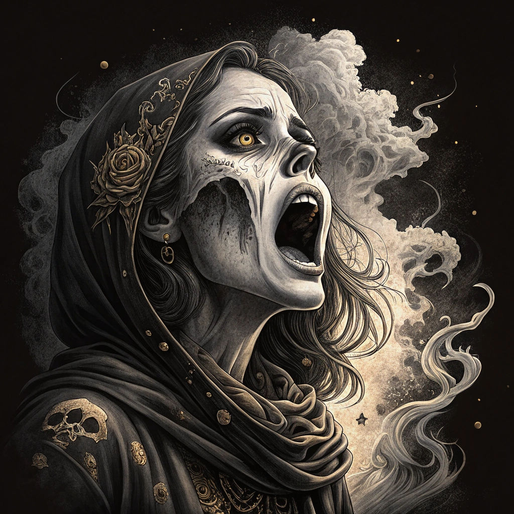 Dramatic Skull Woman Tattoo Illustration in Grayscale