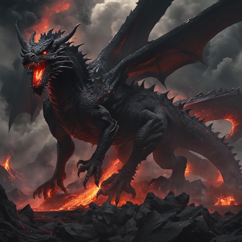 Epic Black and Red Dragon in Volcano