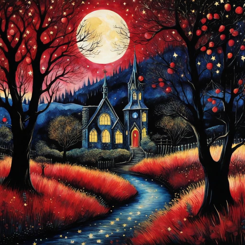 Gothic Forest in a Starry Night, Tim Burton Style
