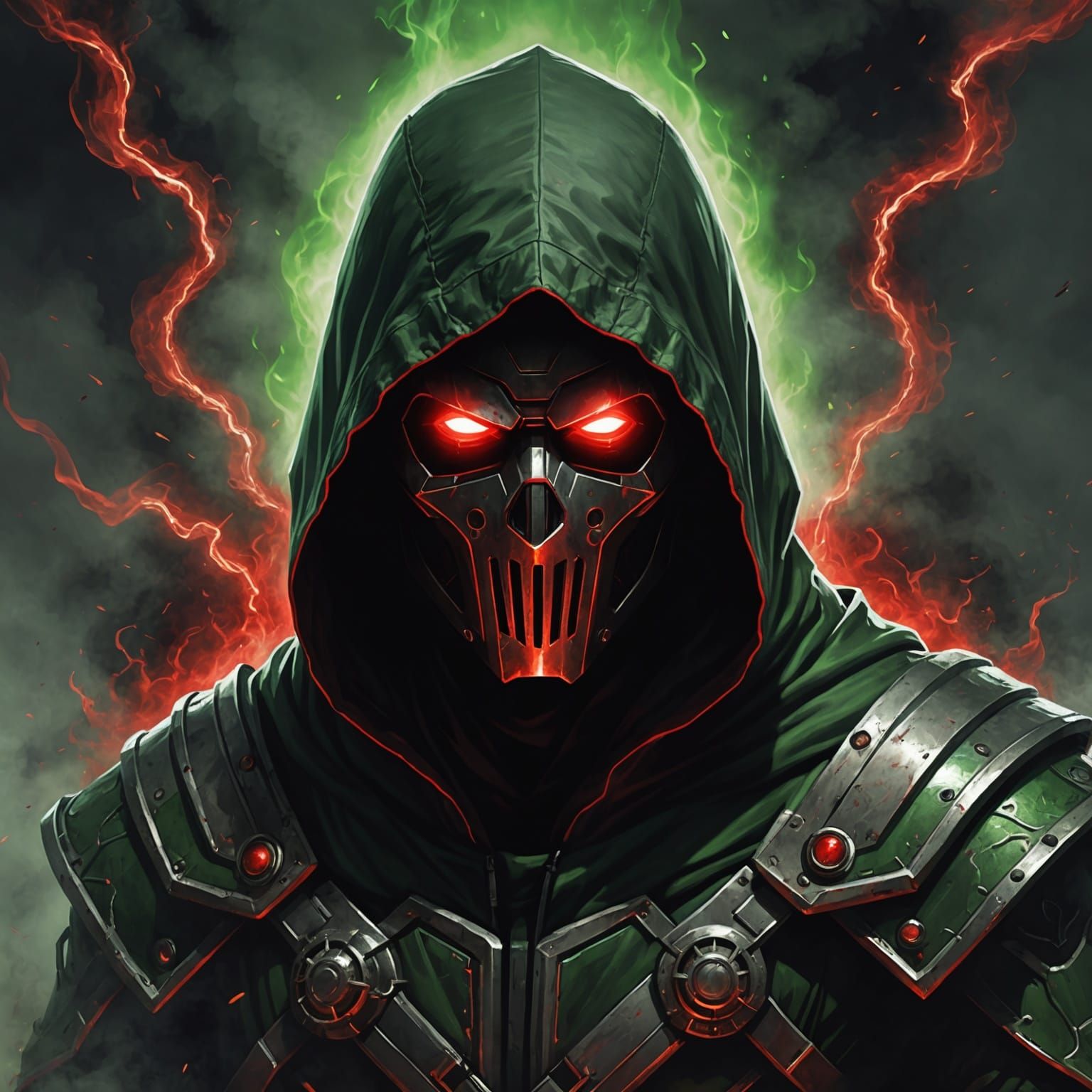 Cyberpunk Villain in Red Hood and Metal Mask