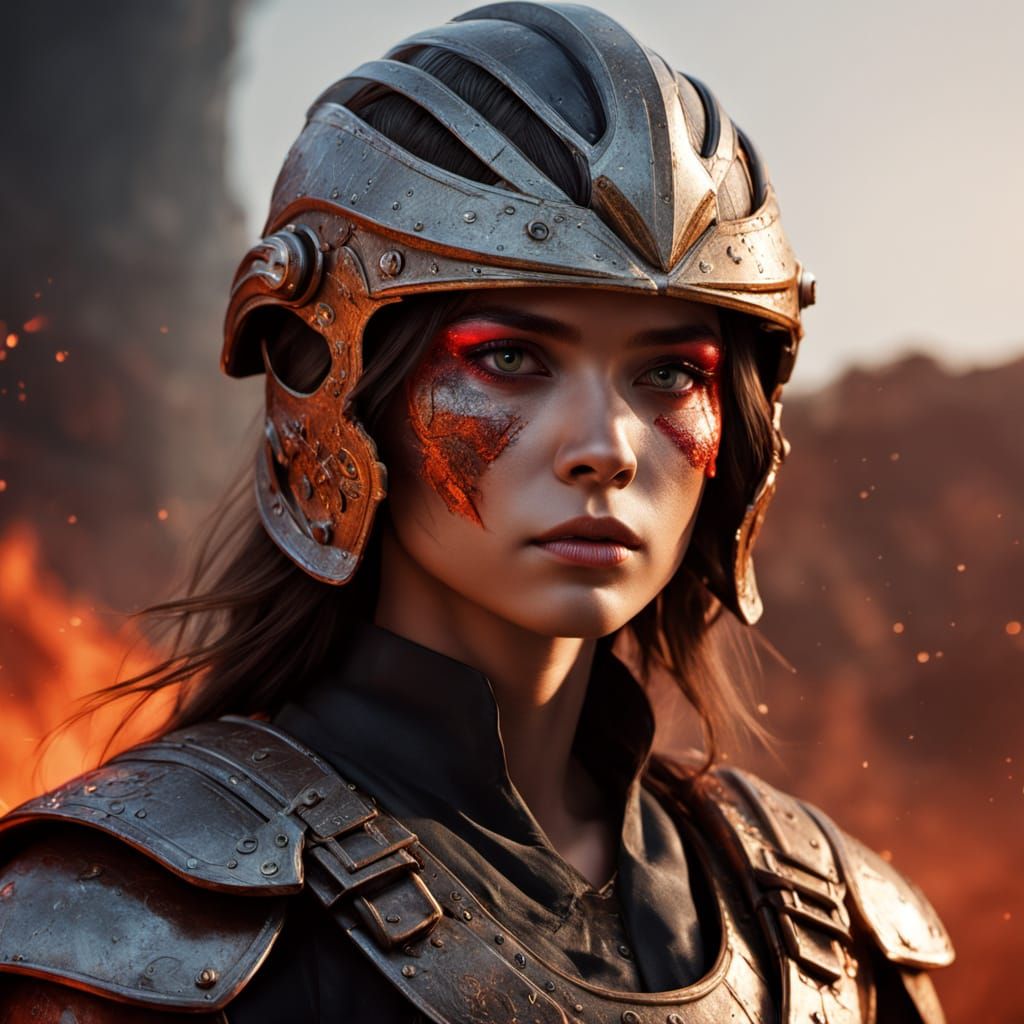 Fierce Warrior in Engraved Helmet, Hyperrealistic Battlefiel...