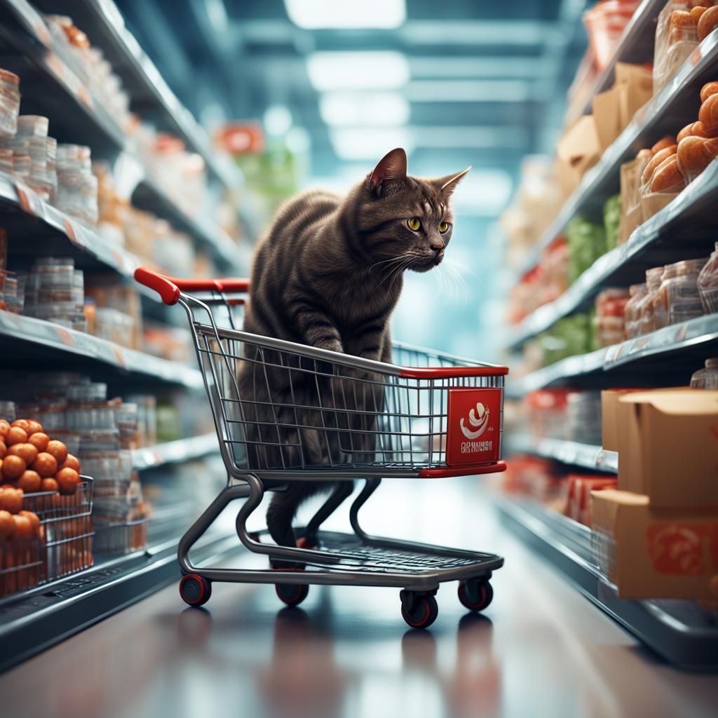 Cat Pushing Shopping Cart: Detailed Matte Painting