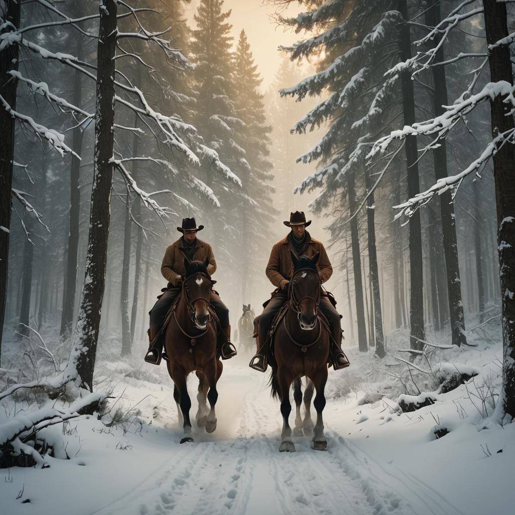 Cowboy on Horseback in Snowy Western Landscape