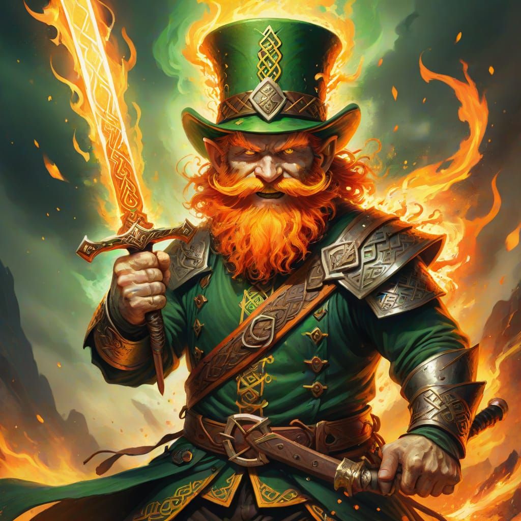Leprechaun Wields Fiery Sword in Vibrant Fantasy Scene