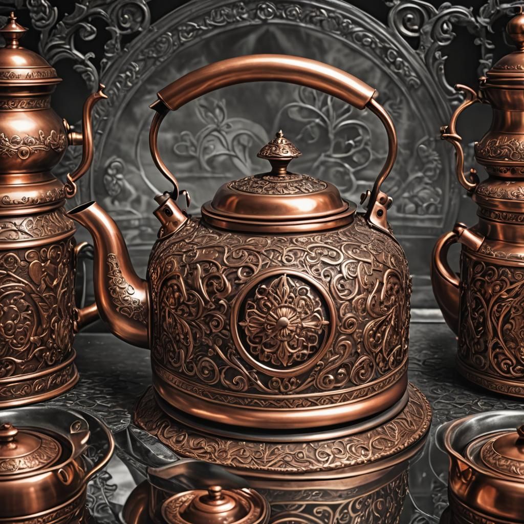 Hyperrealistic Copper Tea Kettle: Sharp Focus, High Contrast