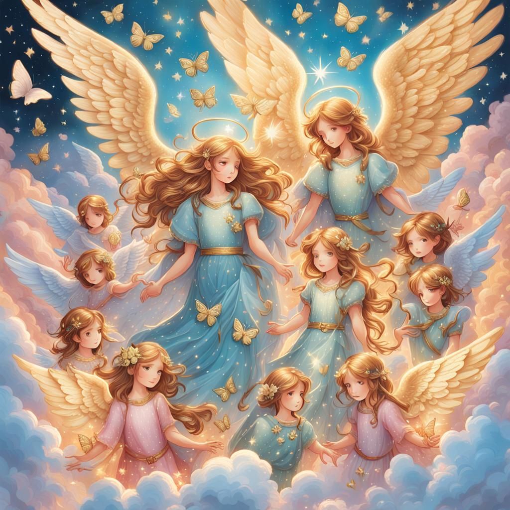 Angels in Comic Book Style with Hearts and Butterflies