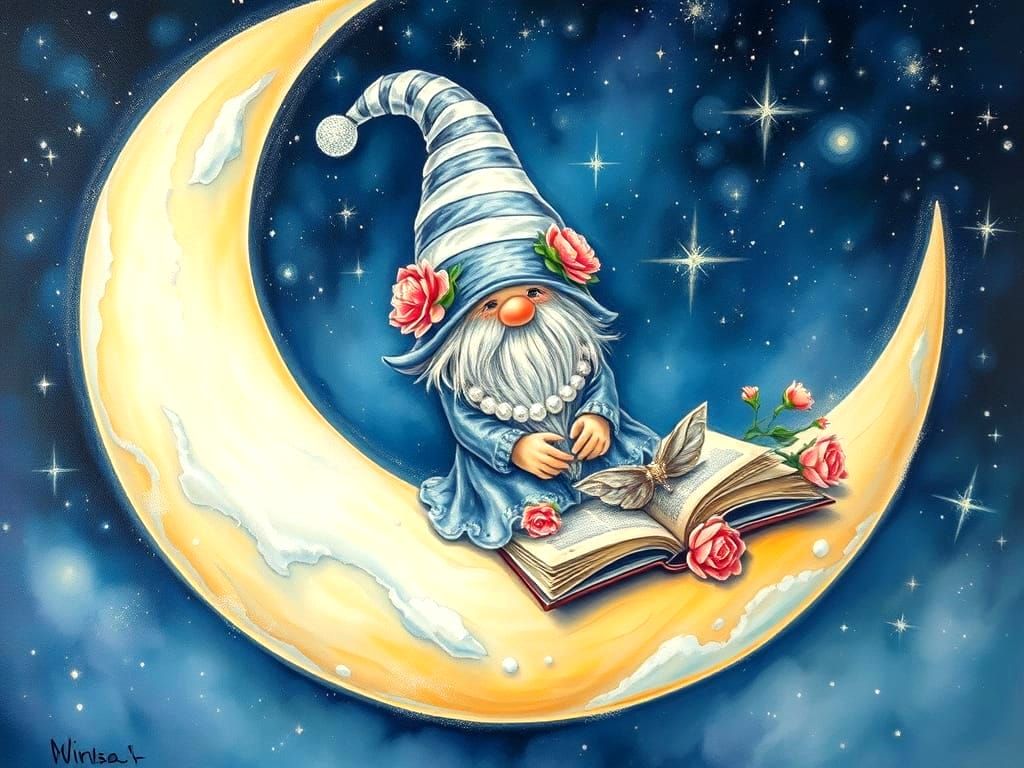 Whimsical Gnome on Sparkling Crescent Moon