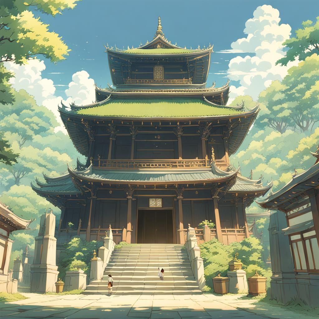Temple Visit in Studio Ghibli Anime Style