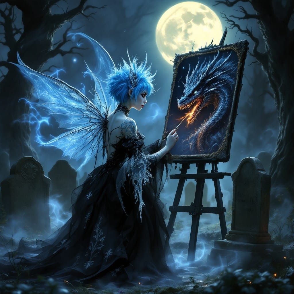 Gothic Fairy Paints Dragon Portrait in Moonlit Graveyard