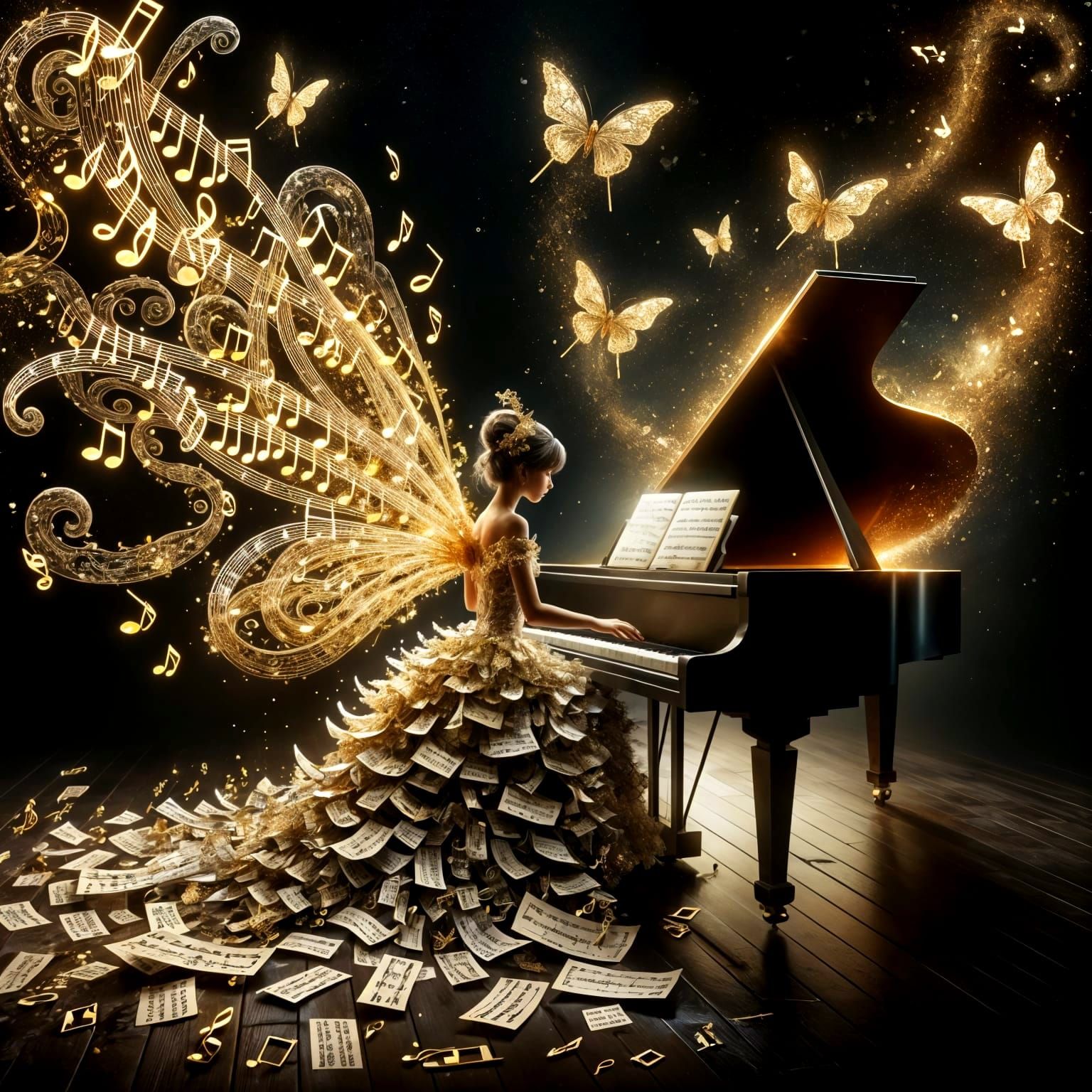 Enchanting Girl Plays Piano in Musical Dreamscape