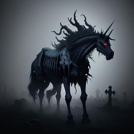 Skeletal Unicorn in Misty Graveyard: Dark Fantasy Art