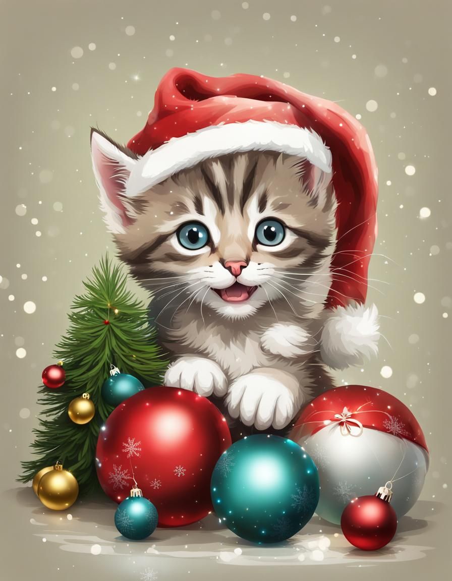 Kitten in Christmas Hat Playing with Baubles
