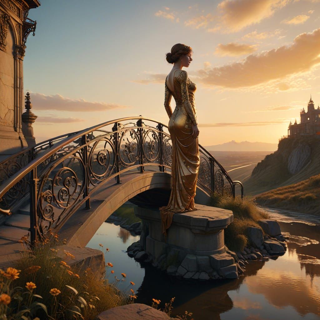 Elegant Art Nouveau Bridge Scene with Lone Figure