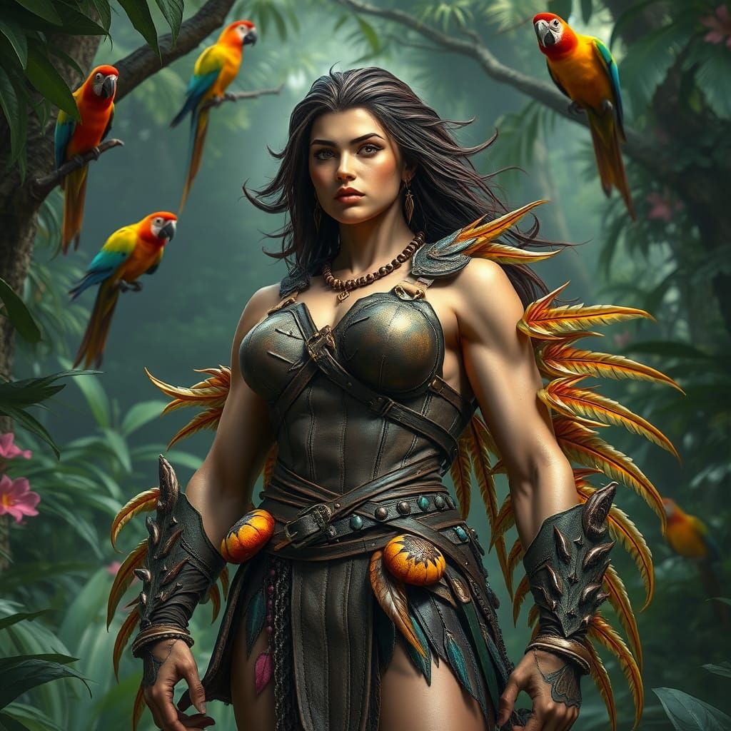 Muscular Jungle Warrior in Iridescent Cuirass, Surrounded by...