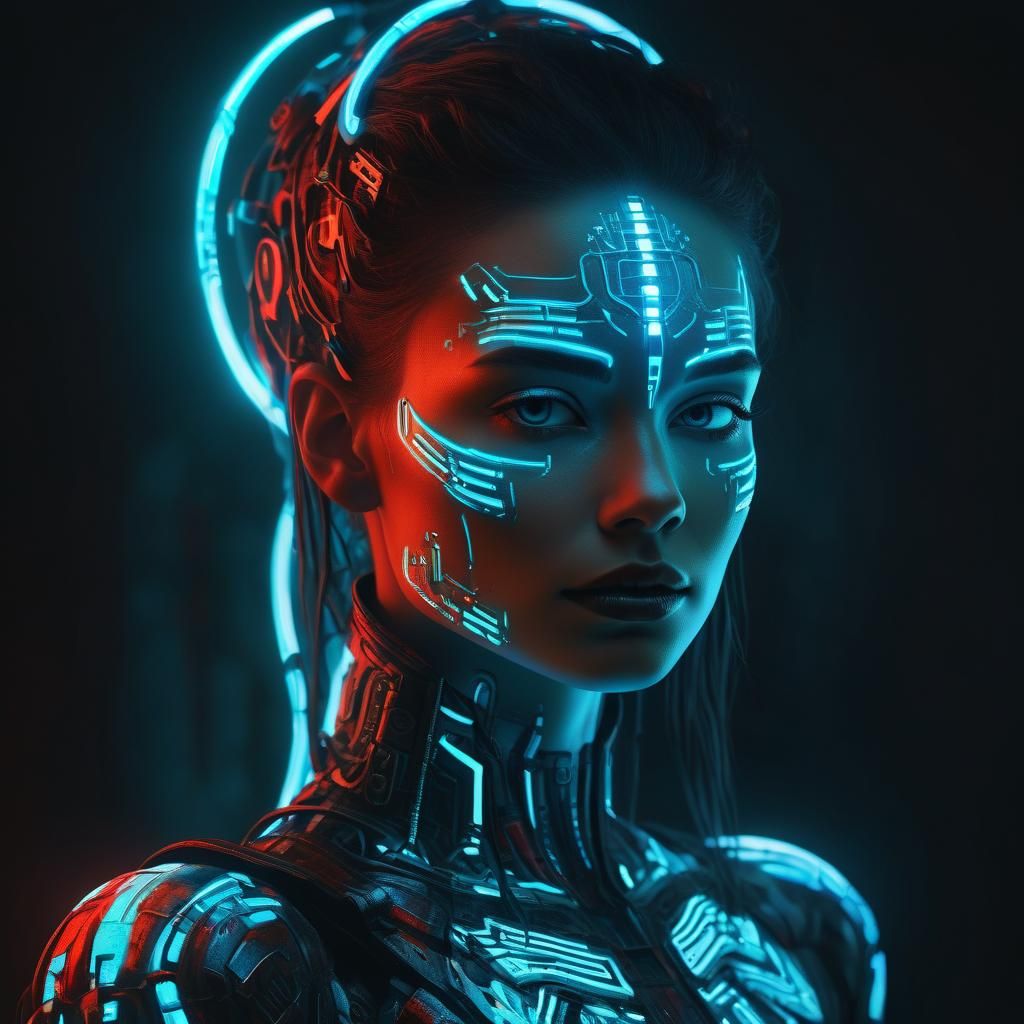 Eerie Woman with Glowing Neon Skin in Cyberpunk Style