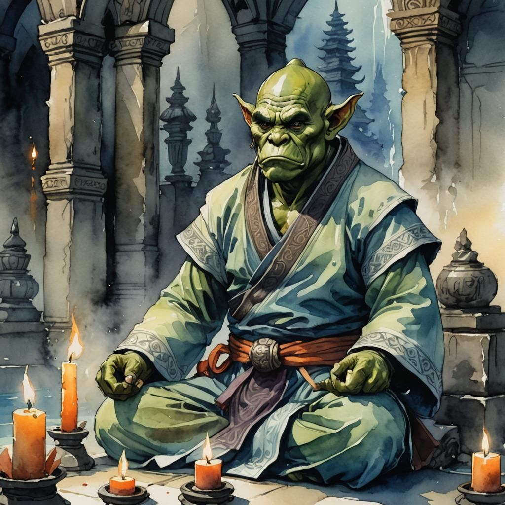 Orc Monk Meditating in Watercolor Water Temple