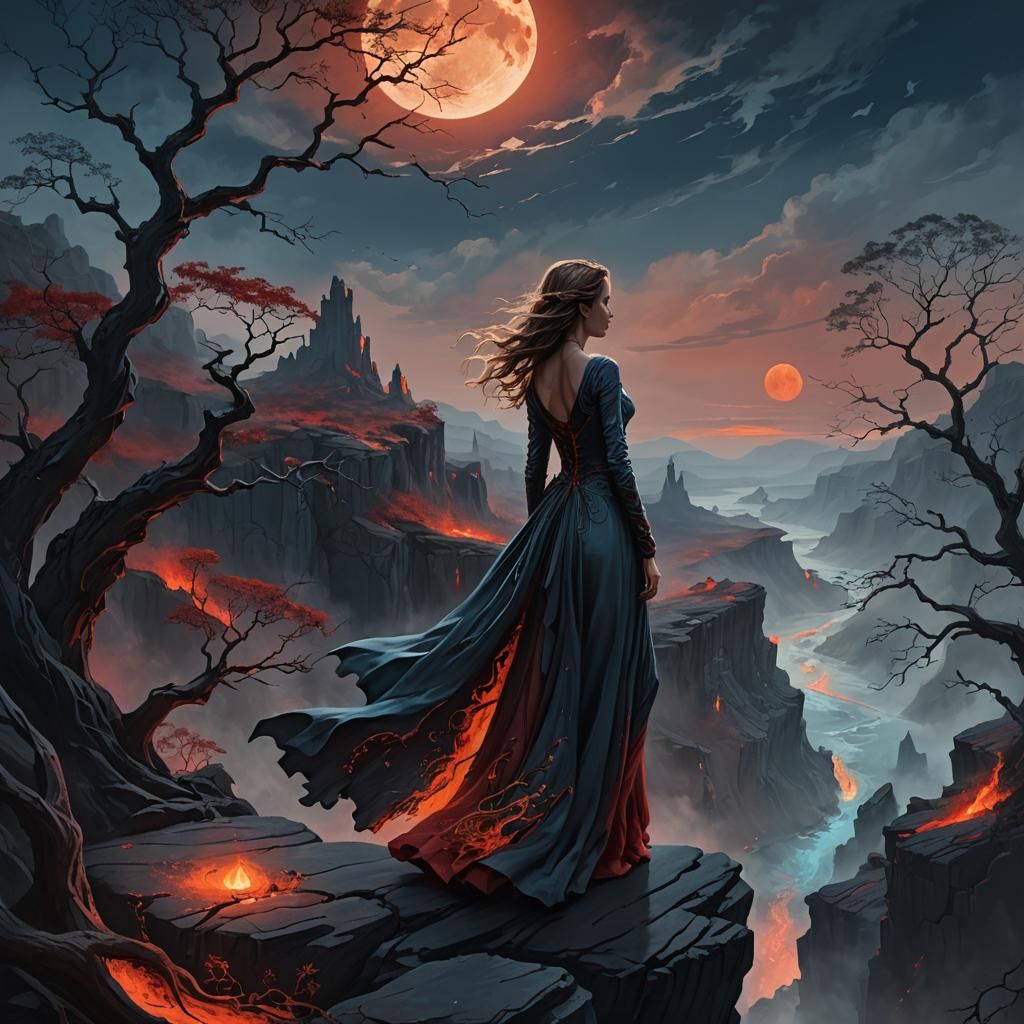 Woman Overlooking Fiery Chasm: Digital Fantasy Art