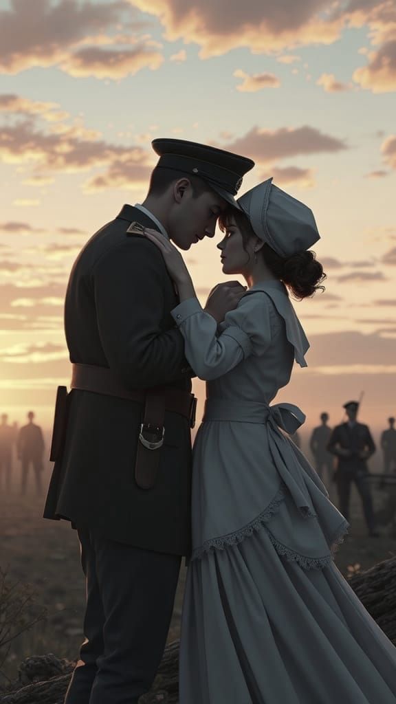 Bittersweet Farewell in War-Torn Landscape, Anime-Inspired