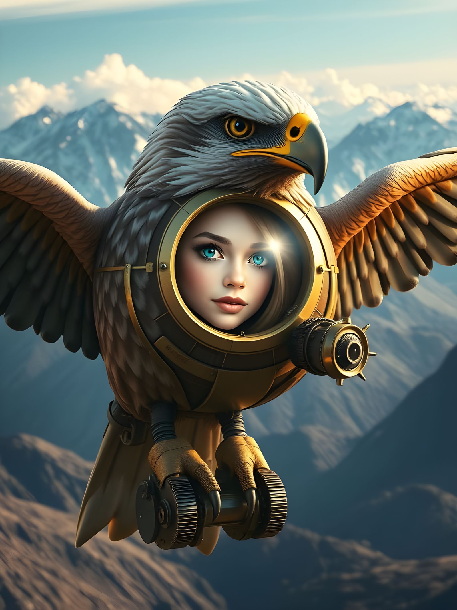 Girl's Face in Bird Airship Over Mountains