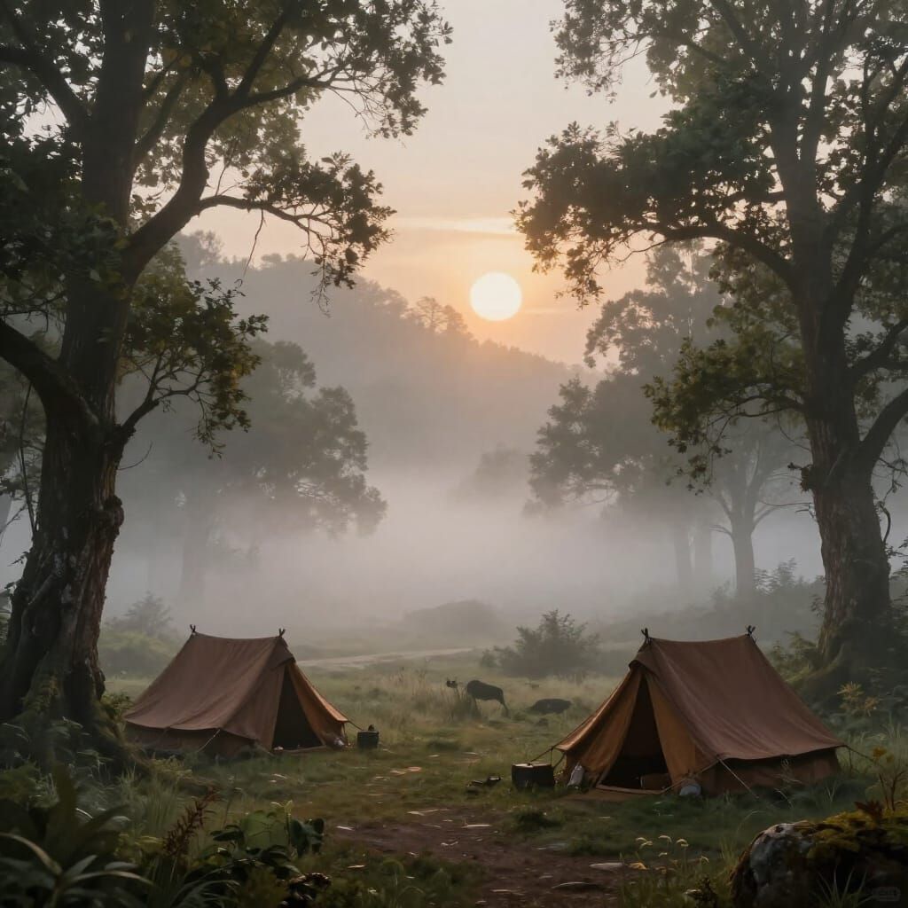 Fantasy Valley Sunrise with Thick Fog in Luis Royo Style