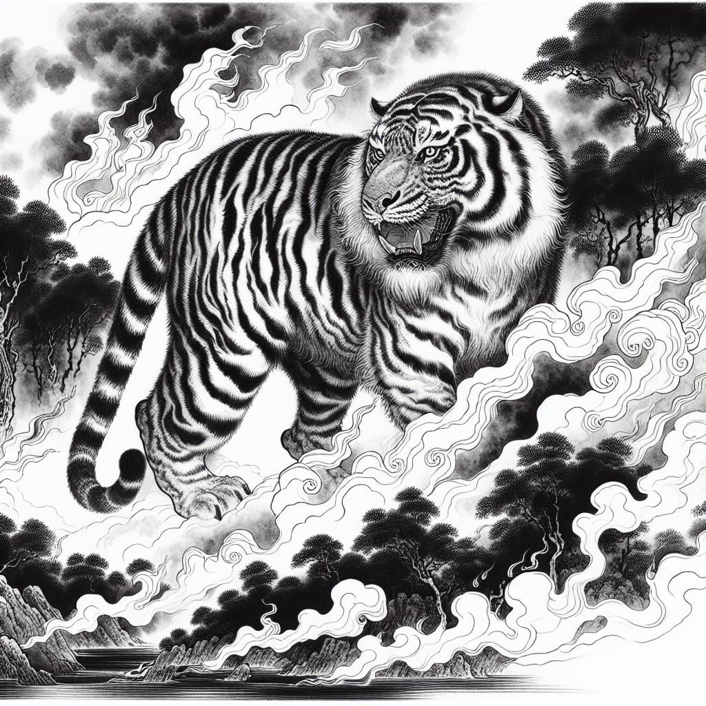 Tiger in Burning Forest, Chinese Ink Painting
