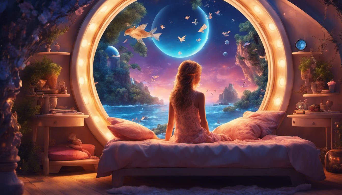 Girl in fantastic bedroom with little fairies in the piece, ...