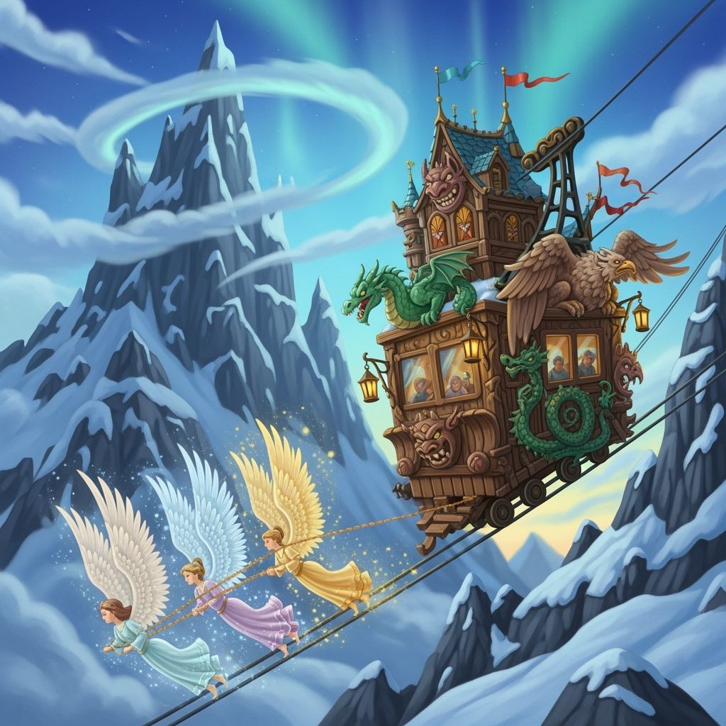 Medieval Cable Car Ascends Snowy Swiss Alps in Storybook Sty...
