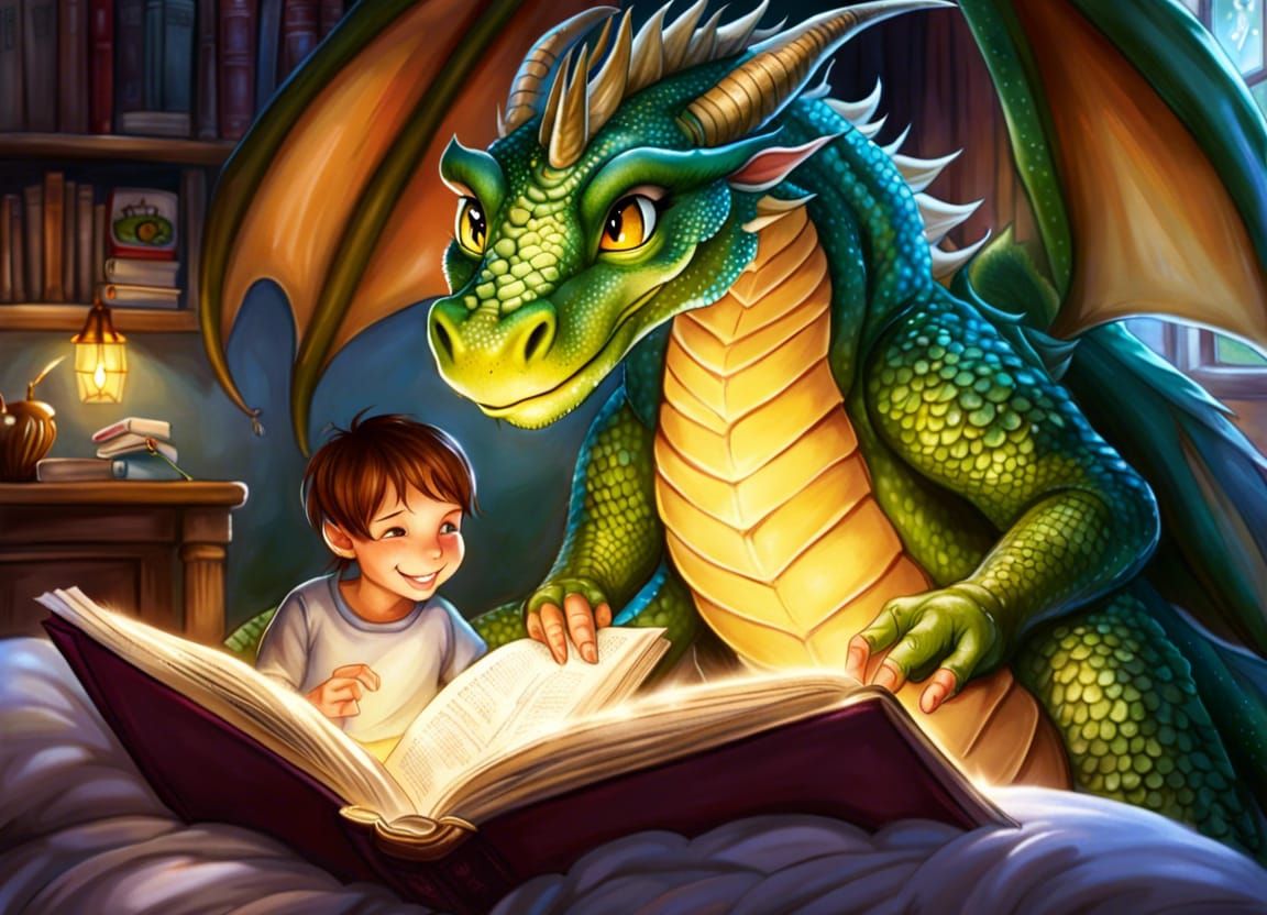 Dragon Mother Reads Bedtime Story: Hand-Drawn Fantasy Art