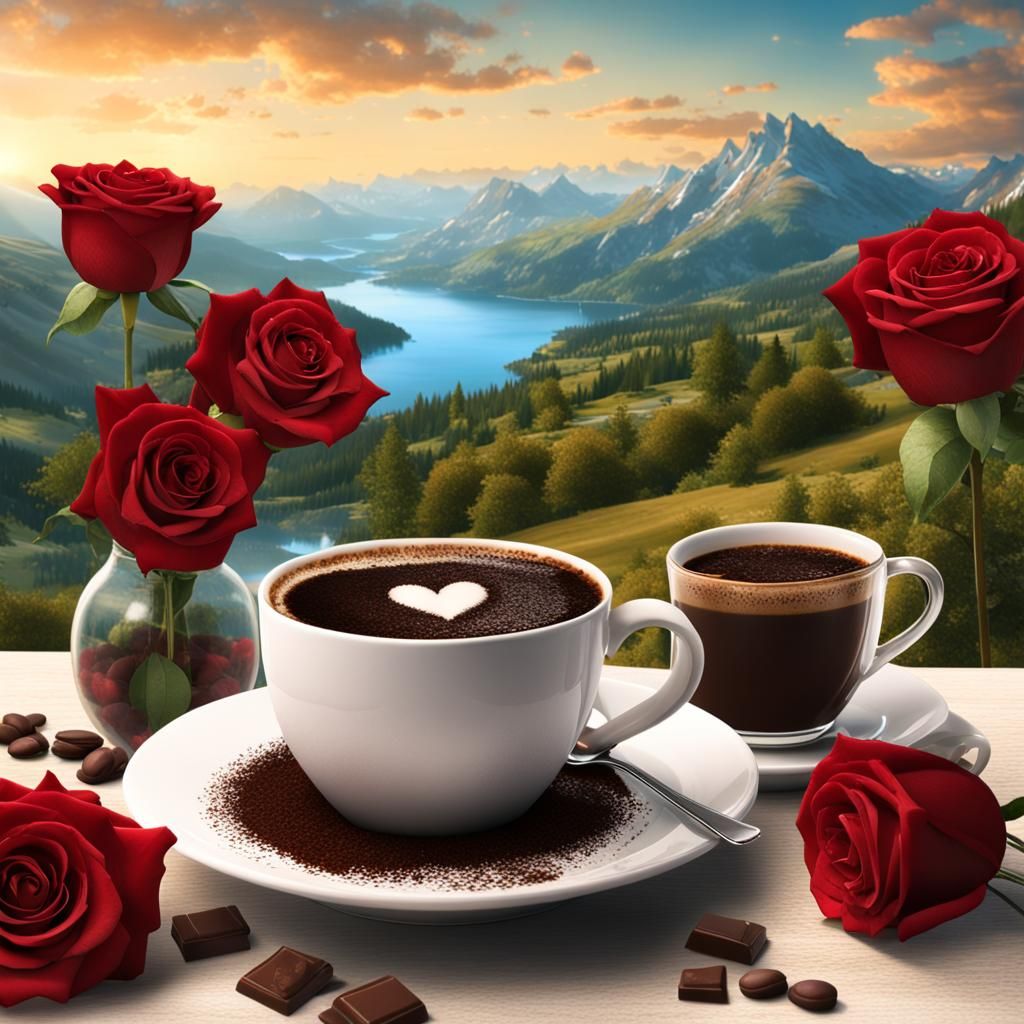 Coffee Cup with Heart and Roses: Matte Painting