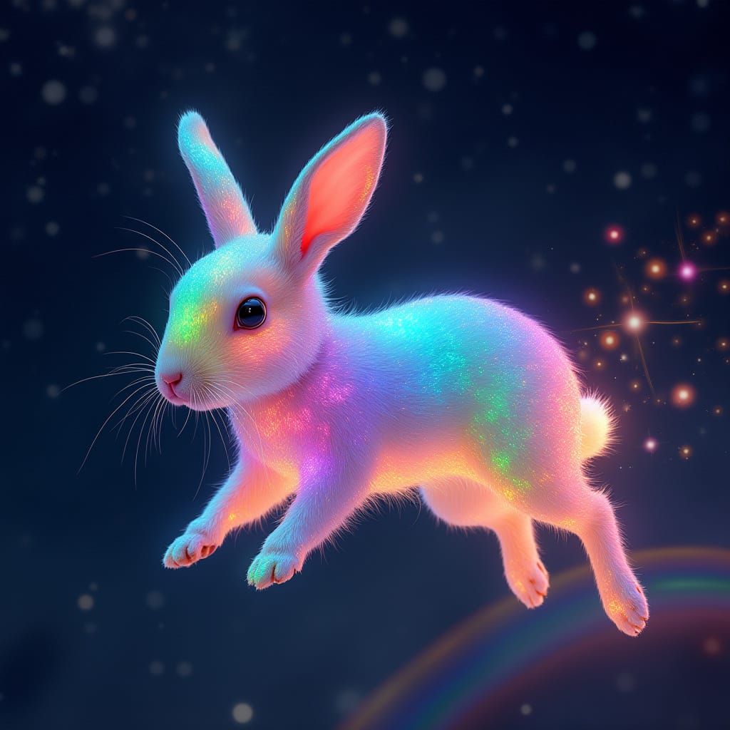 Vibrant Rainbow Rabbit Hops Across Starry Night Sky