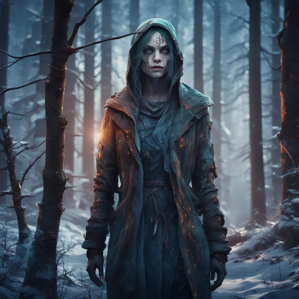 Lost Girl in Cold Forest: Detailed Matte Painting