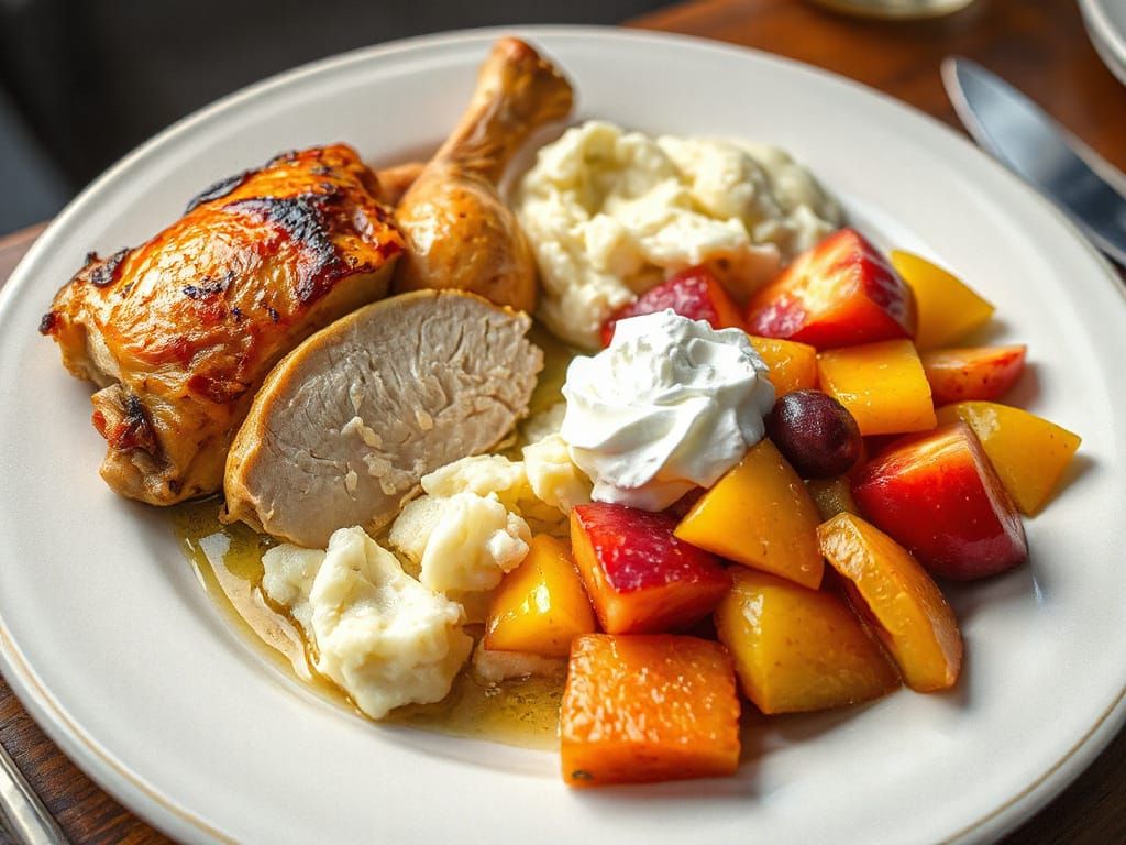 Hyperrealistic Roasted Chicken Dinner with Fruit Salad
