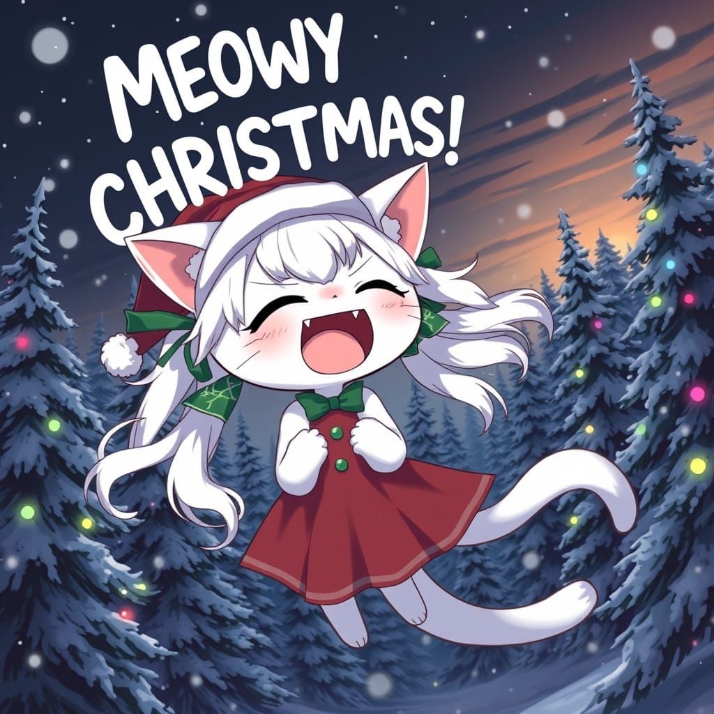 Anime Catgirl Celebrates Christmas in Snowy Whimsical Wonder...