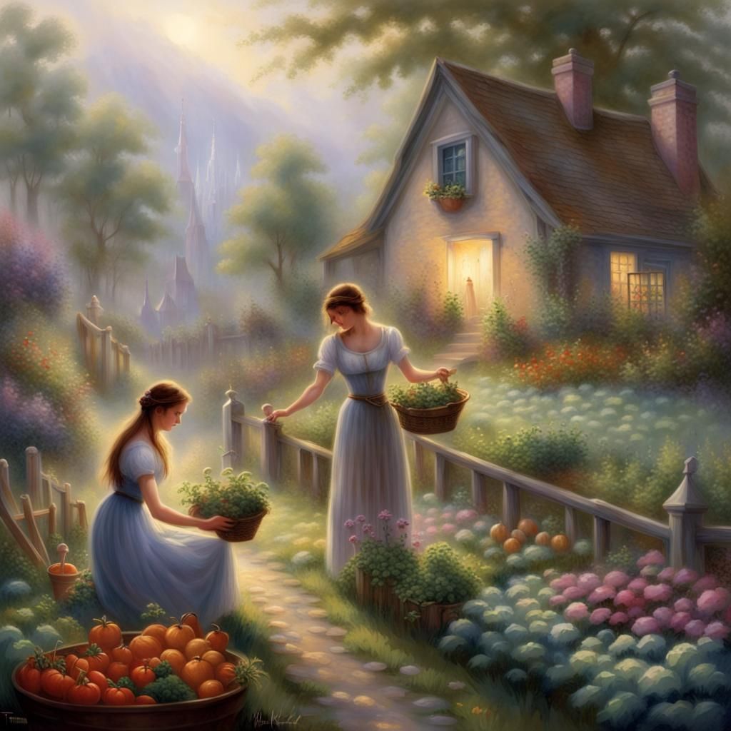 Ethereal Fantasy: Mother and Daughter in Village Garden