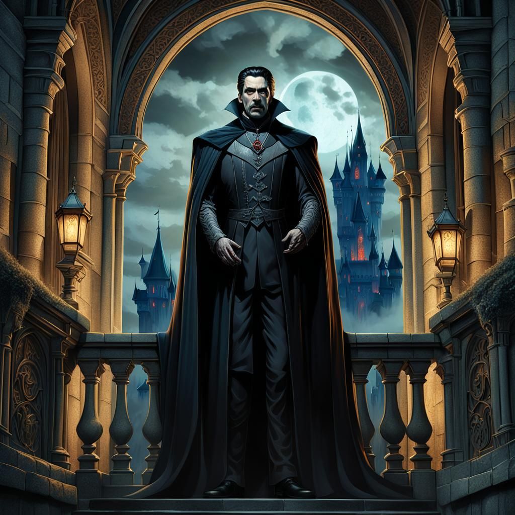Count Dracula on Castle Balcony: Dark Fantasy Art